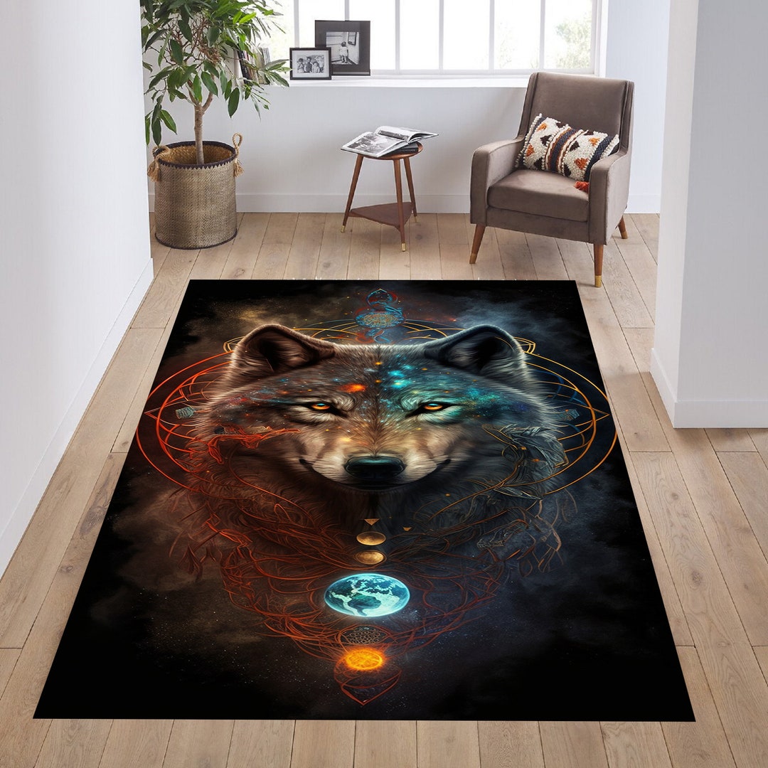 Wolf Rug Wolf Pattern Rugs Animal Themed Rug Cool Animal Etsy