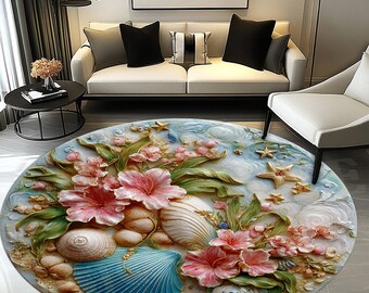 Coastal Round Rug: Pink Floral Seashell Carpet, Blue Ocean Beach Design, Tropical Decor