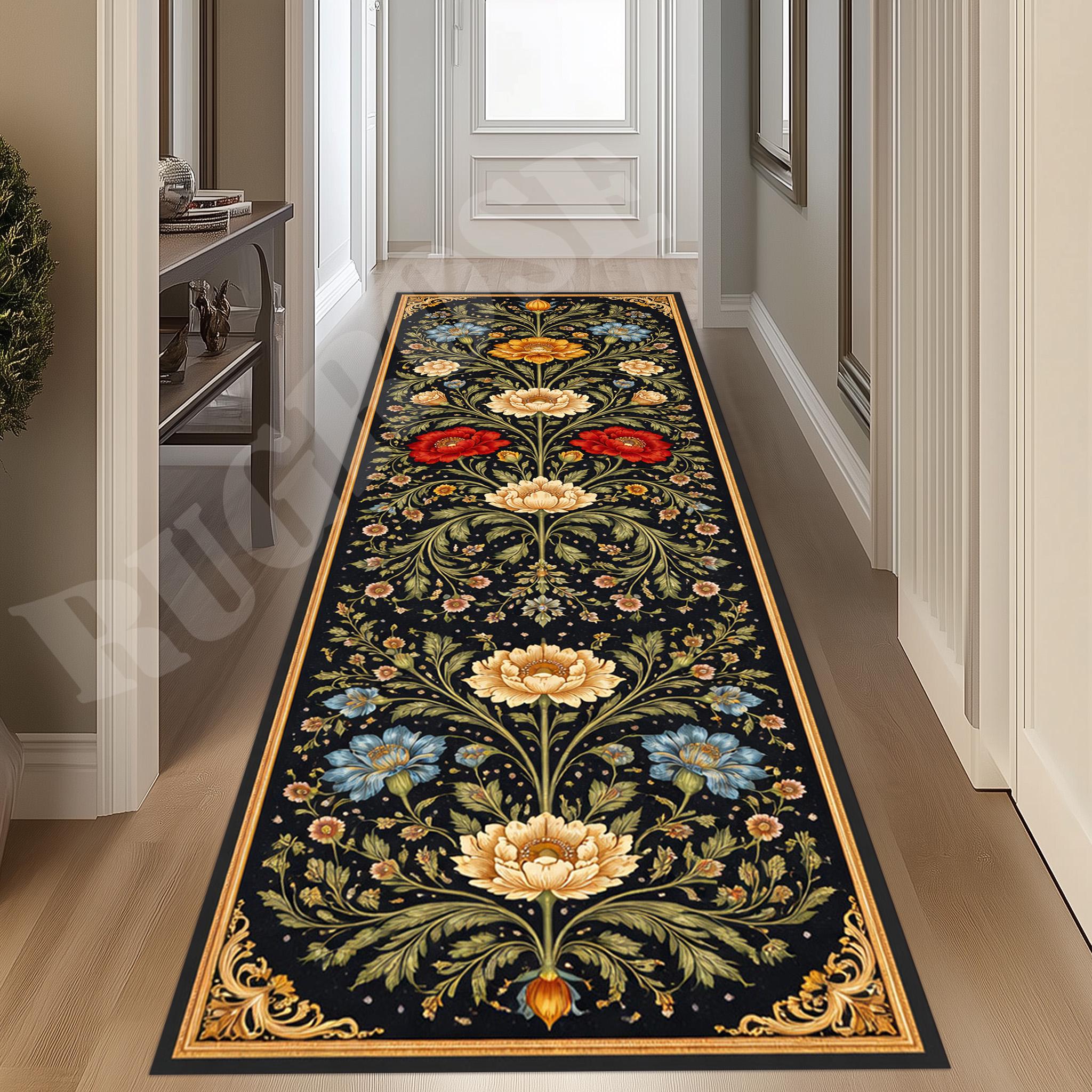 Floral Baroque Runner Rug: Black Gold Garden Carpet, Elegant Classic ...