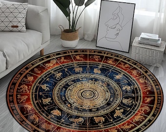 Zodiac Rug, Horoscope Astrology Design, Sun Moon Star, Round Rug