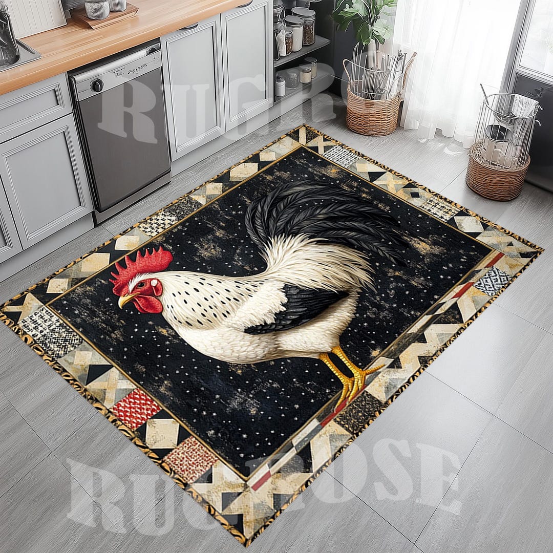 Rooster Design Kitchen Rugs Rooster Kitchen Rug, Modern Farmhouse Decor, Non-slip Cotton Base (15 ...