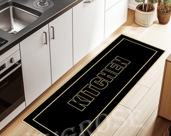 Gold and Black Kitchen Runner Rug, Non-Slip Cotton Base