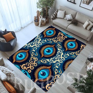 Evil Eye Rug, Blue Evil Eye Rug,Amulet Rug,Colorful Rug,Modern Blue Rug,For Living Room Rug,Blue Pattern Eyes,Gift House Rug,Decorative Eyes