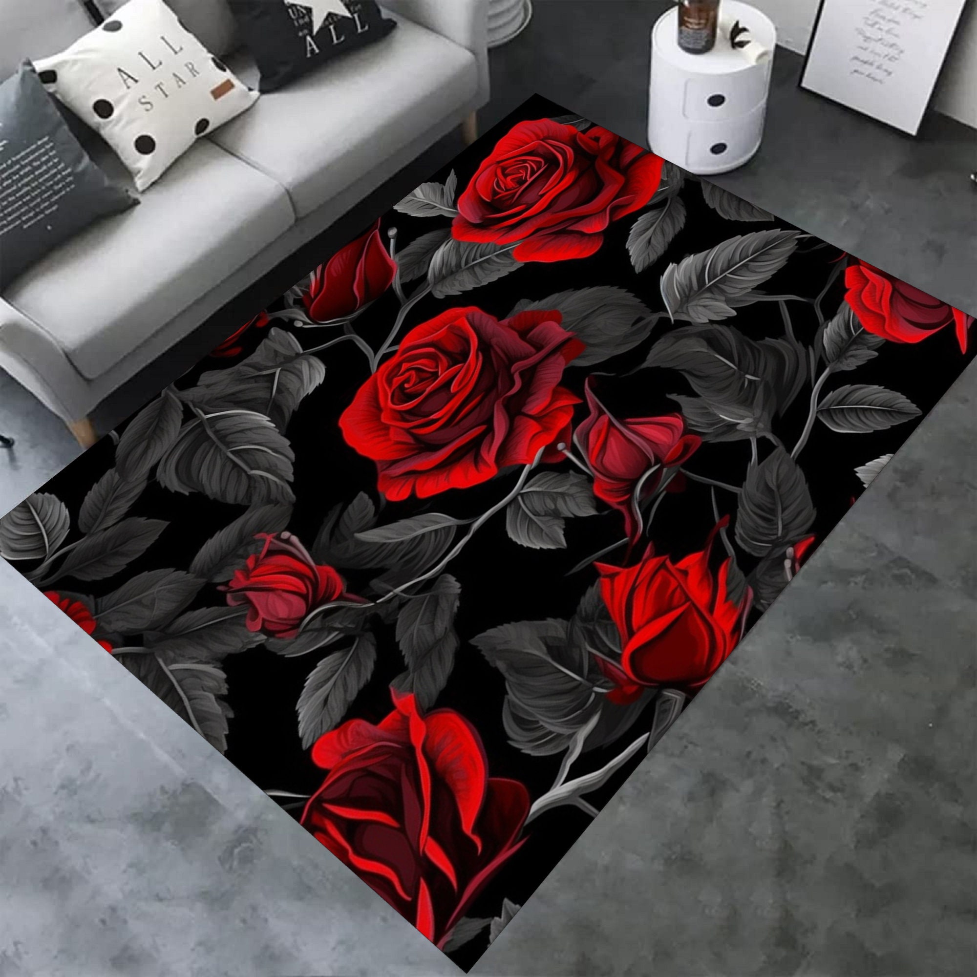 Red Rose Floral Rug, Black Accent, Modern Home Decor - Etsy