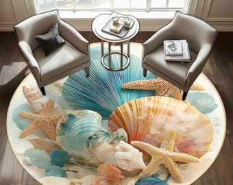 Pastel Seashells Round Rug, Aqua Coral Beach Design, Nautical Coastal Decor