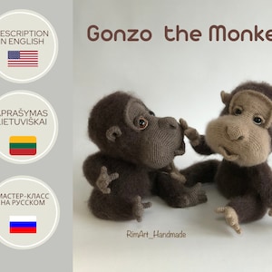May include: Two brown crocheted monkey toys sitting on a white surface. The monkey on the left is looking to the right and the monkey on the right is looking at the camera. The text "Gonzo the Monkey" is written in brown letters above the monkeys. The text "RimArt_Handmade" is written below the monkeys.
