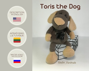 Crochet pattern Dog Toris amigurumi PDF file in English, in Lithuanian and in Russian, interior details, gifts, home accessories, amigurumi