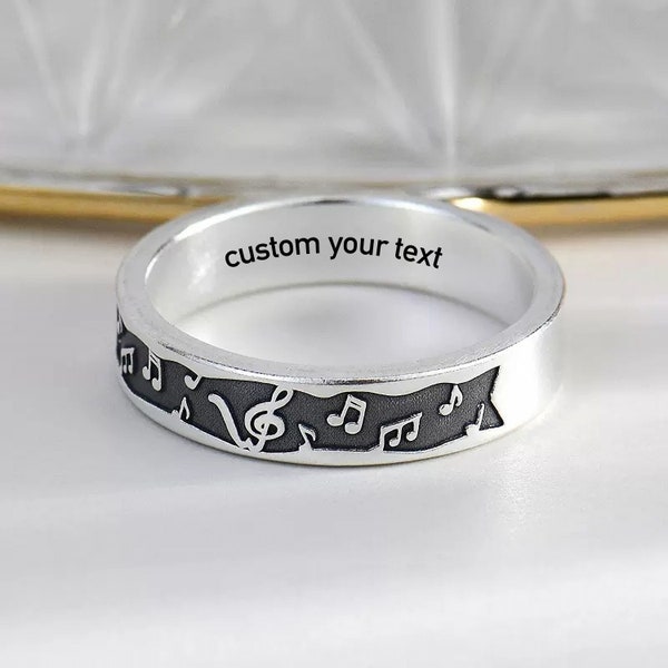 Bagues en argent personnalisées avec note de musique • Bague en argent sterling • Bague clé de sol en argent • Notes de musique avec clé de sol noire • Cadeau pour les mélomanes