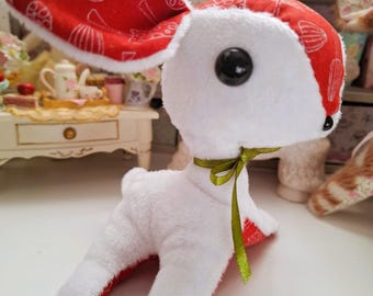 Handmade Baby Deer Fawn Plush Toy, Mushroom Fabric, Woodland Artdoll
