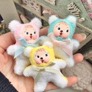 Three mini Vintage Kitschy Rushton clay face rubber face inspired mini bear plushie art doll