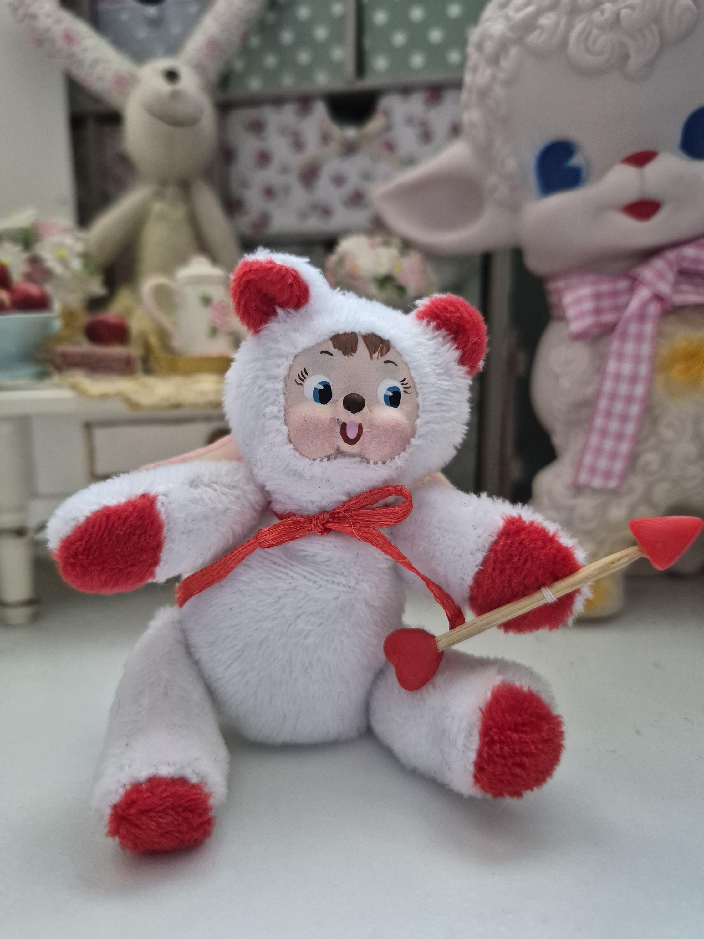 Vintage Valentines Cupid Bear Plushie: Handmade Clay Face Art Doll