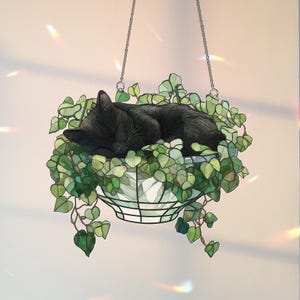 May include: A black cat sleeps peacefully in a hanging planter filled with green ivy. The planter is a light-colored, geometric design, suspended by a silver chain. The cat's fur is a deep black, contrasting with the light green leaves.