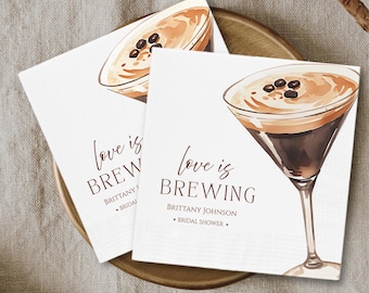 Love is Brewing Cocktail Napkins, Custom Espresso Wedding Bar Napkins, Bridal Shower Decor, Engagement Party Bachelorette Luncheon Napkin
