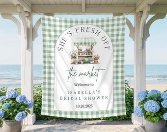 Fresh Off the Market Bridal Shower Banner, Farmers Market Theme Tapestry for Bride-to-Be, Custom Name & Date Sign