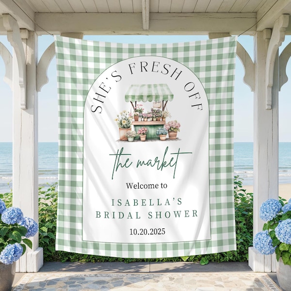 Fresh Off the Market Bridal Shower Banner, Farmers Market Theme Tapestry for Bride-to-Be, Custom Name & Date Sign