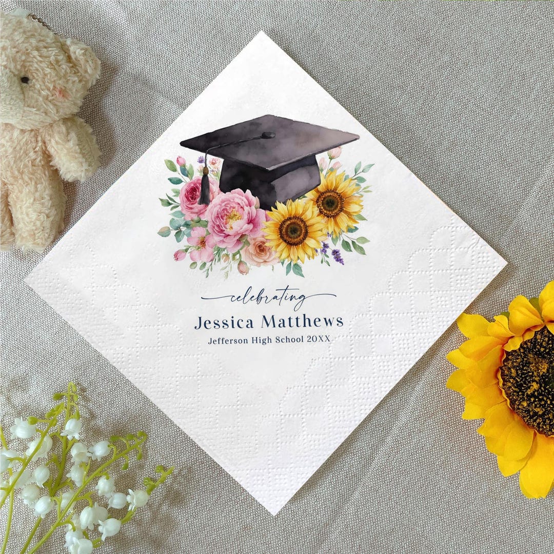 Personalized Blush Floral Graduation Napkins: Class of 2026 Grad Cap ...