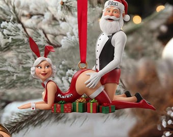 Funny Santa 2D Flat Christmas Ornament, Naughty Couple Ornament, Sexy Personalized Xmas Ornament, Custom Name Ornament for Couples