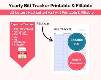Seguimiento de facturas anuales imprimible, registro de gastos editable, planificador de presupuesto, inserto de planificador, tamaño A4/A5/US Letter/Medium, PDF rellenable,