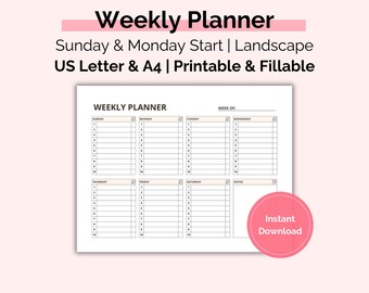 Weekly Planner Printable Landscape, Fillable Weekly Log PDF,  Undated Weekly Planner, Horizontal Planner Insert, A4/US Letter, Editable PDF