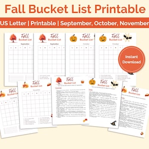 Fall Bucket List Printable, Seasonal Bucket List, Autumn Activities Checklist, September, October, November Bucket List, Fall Printable PDF