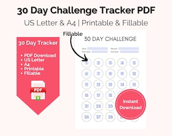 30-Day Challenge Tracker Printable PDF, Editable 30-Day Goal Tracker, Fitness Challenge, Savings Goal, Fillable Template, A4 & US Letter