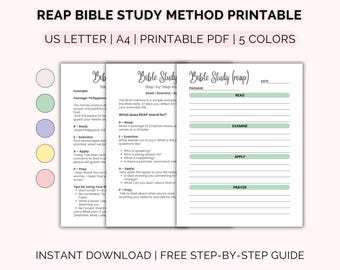 REAP Bible Study Method Printable Worksheet, Scripture Study Template, Daily Devotional, Bible Journalling Template, Bible Study, 2 Sizes
