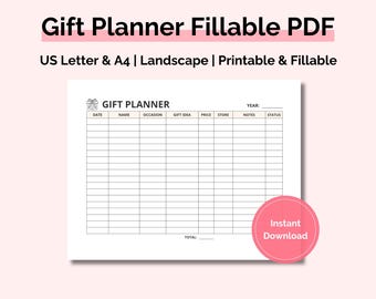 Gift Ideas Tracker Printable Landscape, Fillable Gift Shopping List,  Gift Planning Worksheet, Wedding, Christmas, Birthday, A4/US Letter