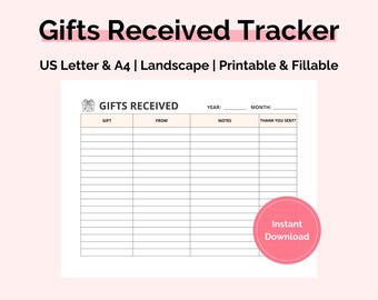 Gift Received Tracker Printable Landscape, Fillable Thank You Tracker,  Party Gifts, Wedding, Holidays, Birthday, A4/US Letter