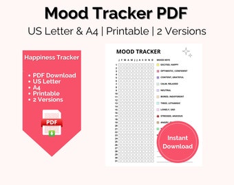 Mood Tracker Printable, Wellbeing Year in Pixels Mood Journal, Yearly Mood Log, Minimalist Happiness Tracker, Emotion Chart, A4, US Letter