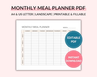 Monthly Meal Planner Printable Landscape, Fillable Monthly Menu Planner, A4/US Letter, Sunday/Monday Start, Meal Prep, 30 Day Menu Planner