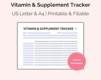 May include: Printable vitamin and supplement tracker with a butterfly icon. The tracker has space for a name, notes, and a month. It includes a daily checklist for 31 days.