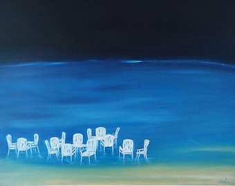 Toile ,  Après-Midi Silencieux , signée « Mecha » (ou « Macha ») — style contemporain, dégradé bleu/vert