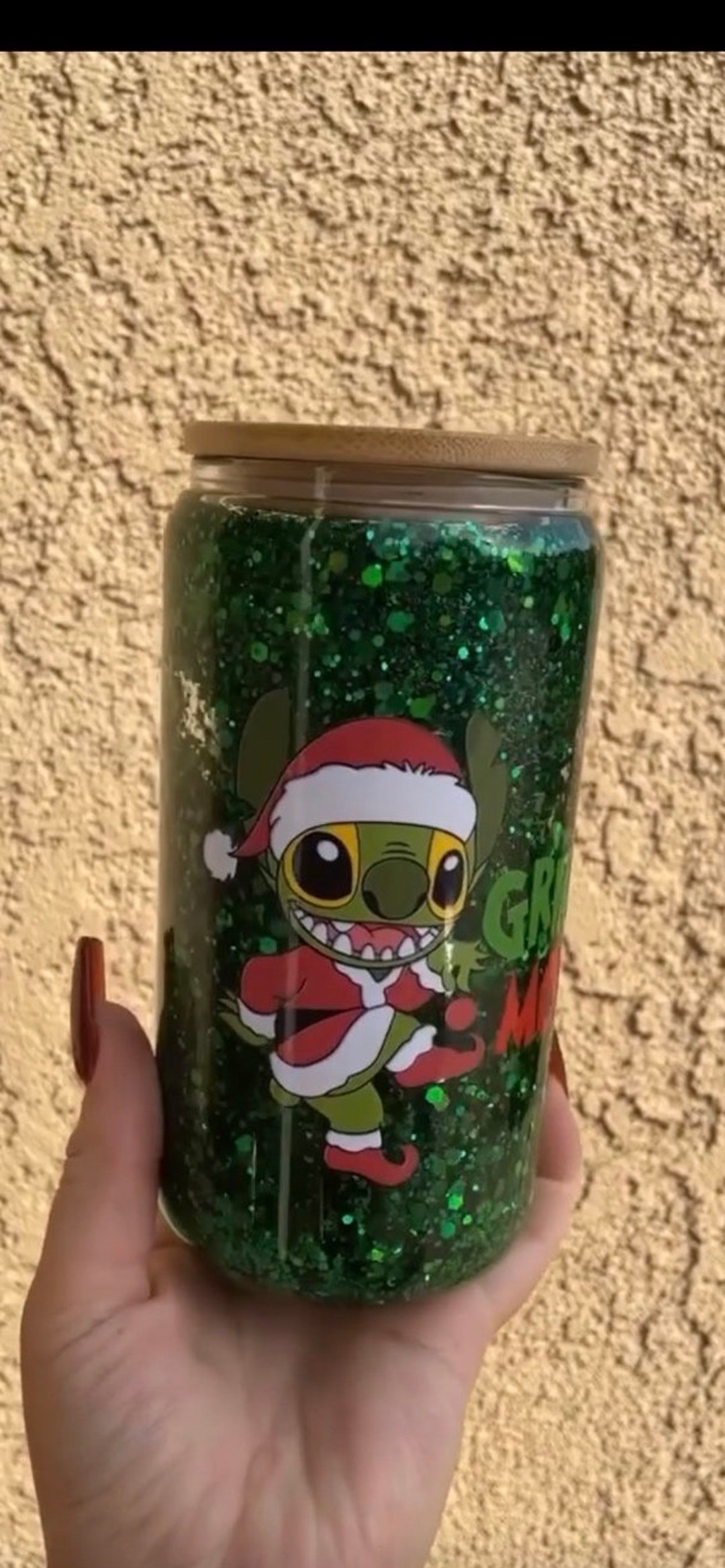 Snow Globe Glass Can Stitch Grinch, Santa Stitch Glass Can , Grinch
