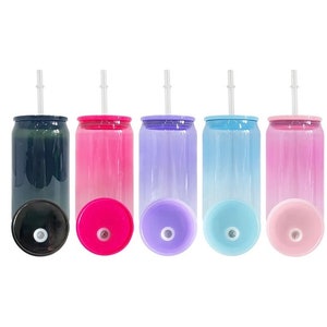 May include: Set of six ombre gradient color reusable tumblers with lids and straws. The tumblers are black, pink, purple, blue, and light pink.