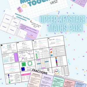 Könnte beinhalten: Ein pädagogisches Mathe-Toolkit für Schüler der oberen Grundschulstufen mit farbigen Tabellen, Diagrammen und Texten zu Brüchen, Dezimalzahlen, Prozenten, schriftlicher Addition, Subtraktion, Koordinaten, geometrischen Formen und Rechenregeln.