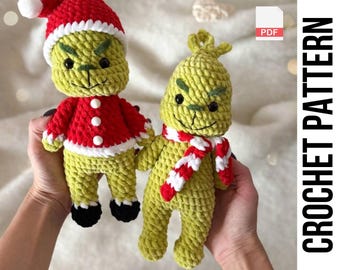 Patrón de ganchillo en PDF Now-Sew: Villano verde navideño / Ladrón navideño / Patrón de ganchillo navideño