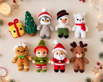 May include: A collection of nine crochet plush toys featuring holiday themes including a gift, Christmas tree, penguin, snowman, polar bear, gingerbread person, elf, Santa Claus, and reindeer. The text PDF pattern is visible at the top.