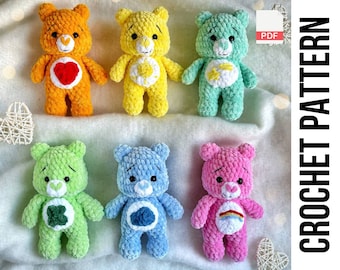 Low-Sew 6in1 PDF CROCHET PATTERN Care Bears, easy amigurumi baby toy, Cheer, Funshine, Good Luck, Grumpy, Tenderheart, Wish Bear