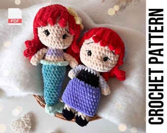 Low-Sew 3in1 PDF Crochet doll pattern Ariel, Flounder, The Little Mermaid/ Princess Crochet pattern / amigurumi doll pattern