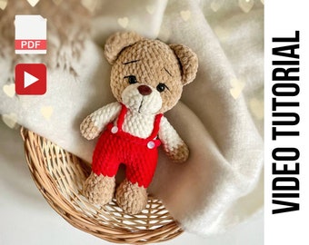 Bear Barry Video Tutorial + PDF Crochet Pattern, Valentines Day Amigurumi Bear, Crochet bear pattern