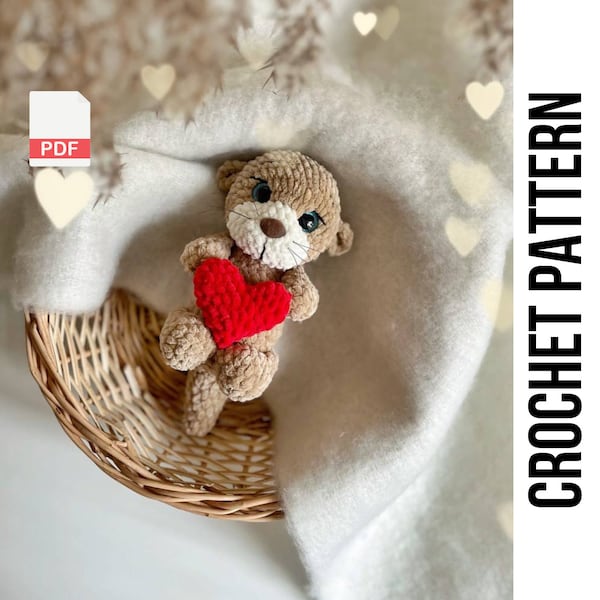 Low-Sew Valentine Otter Danny Crochet Pattern, Valentines Day Amigurumi Otter, Crochet otter pattern, crochet heart, amigurumi heart