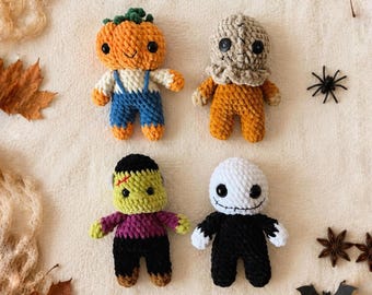 Low-Sew 4in1 Bundle PDF CROCHET PATTERN Halloween Monsters, Sekeleton, Frankensteind, Frankie, Scary Sam, Pumpkin easy amigurumi baby toy