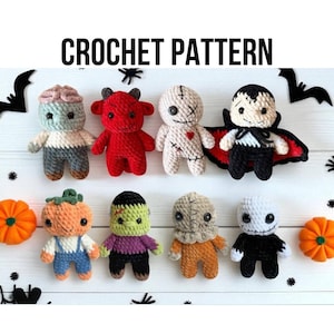May include: A collection of handmade crochet Halloween characters, including a zombie, devil, voodoo doll, vampire, pumpkin, Frankenstein's monster, Sam, and a skeleton. The text "CROCHET PATTERN" is displayed at the top.