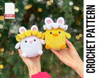 Patrón de Ganchillo de Costura Baja Conejito de Pascua y Pollito / Pollito Amigurumi / Patrón Conejito Amigurumi / Conejo de Ganchillo Pato de Ganchillo/ Pollo de Ganchillo