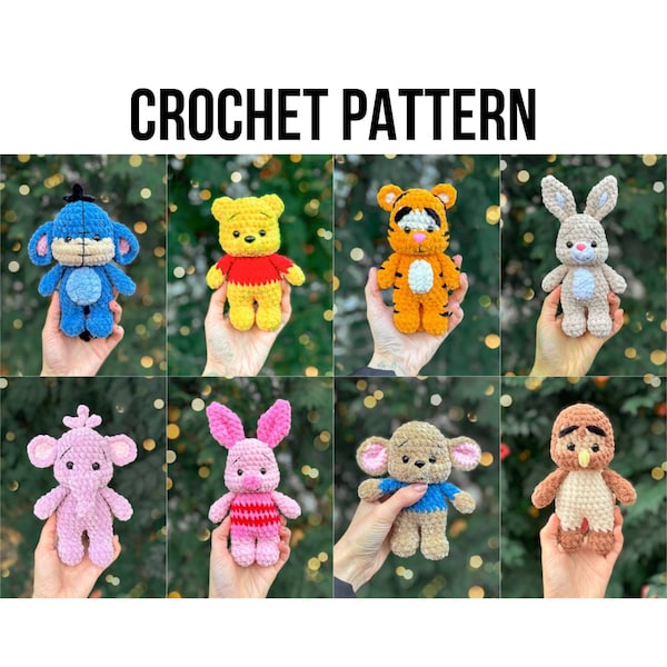 Molde em PDF 8 em 1 de baixa costura: Ursinho Pooh e seus amigos, padrão de crochê, brinquedo amigurumi fácil para bebês, Bisonho, Guru, Leitão, Tigrão, Coelho