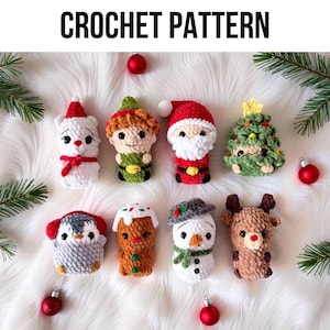 May include: The image displays a collection of handmade crochet Christmas ornaments. The ornaments include a snowman, Santa Claus, a reindeer, a penguin, a Christmas tree, and other festive characters. The text "CROCHET PATTERN" is at the top.