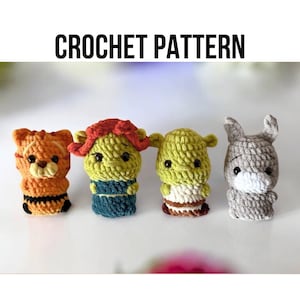No-Sew 4in1 Bundle PDF CROCHET PATTERN Shrek and Friends, Fiona, Donkey, Puss in boots, Ogre, easy amigurumi baby toy