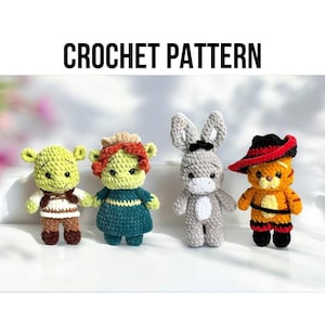 Low-Sew 4in1 Bundle PDF CROCHET PATTERN Shrek and Friends, Fiona, Donkey, Puss in boots, Ogre, easy amigurumi baby toy