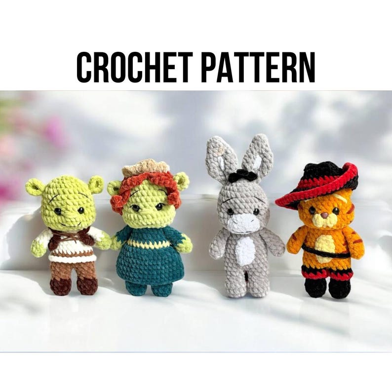 Low-Sew 4in1 Bundle PDF CROCHET PATTERN Green Ogre and Friends | crochet cat, donkey, puss | easy amigurumi baby toy image 1