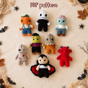 8-i-1-paket PDF-VIRKMÖNSTER Halloweenmonster, skelett, Frankie, Läskiga Sam, pumpa, voodoo, vampyr, zombie, enkel amigurumi-babyleksak